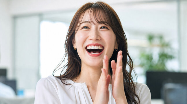 笑顔で拍手を送り喜ぶ会社員の女性、クローズアップ