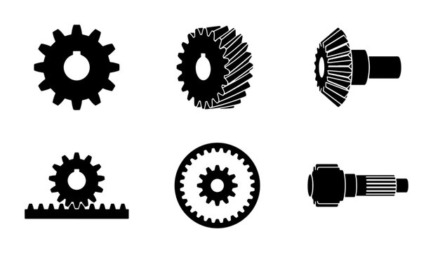 Mechanical Gears Set: Bevel, Spur, Rack and Pinion, Cogwheel Icons for Industry and Engineering