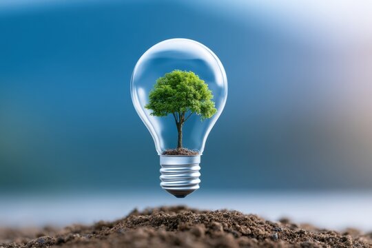 Innovative eco friendly light bulb featuring a tree to represent sustainable energy over rich natural soil