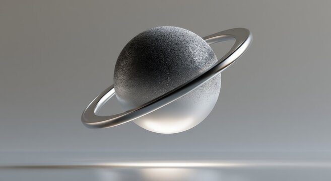 Textured planet with shiny ring against a smooth, reflective surface