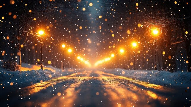 Snowy Road At Night Illuminated By Glowing Street Lamps In A Serene Winter Atmosphere