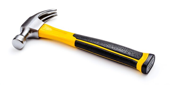 Yellow and black claw hammer with metal head and textured grip lies isolated on white surface.