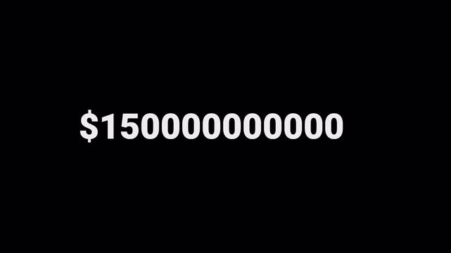 Animated dollar counter increasing to one trillion for finance, business, revenue, earnings, investment, financial growth, and monetary data visualization.