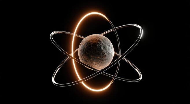 Abstract atomic structure with glowing ring orbits around textured sphere