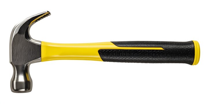 A hammer with a yellow and black handle resting against a white background