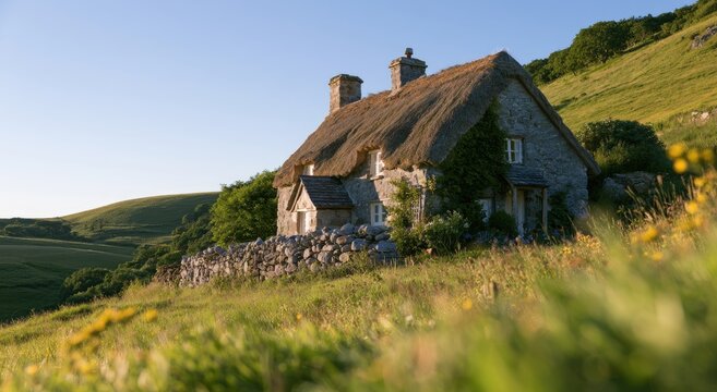 Quaint stone cottage with thatched roof nestled in a green, rolling hillside