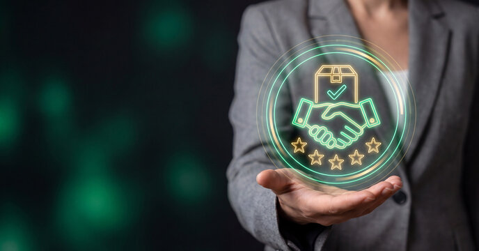 Businesswoman holding glowing neon handshake icon representing logistics partnership shipping agreement and reliable quality service in professional corporate digital environment