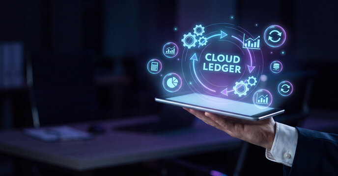 Cloud ledger technology interface displayed on tablet screen held by business professional in dark office for corporate financial data management