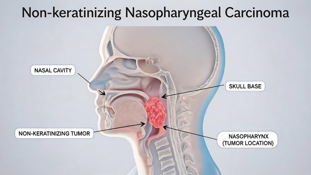 Non‑keratinizing nasopharyngeal carcinoma 3D labeled medical anatomy illustration, human head sagittal cross‑section