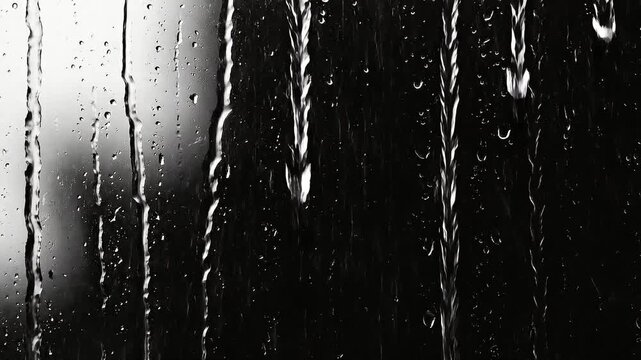 Moody black and white video loop of raindrops sliding down a glass window during a storm.