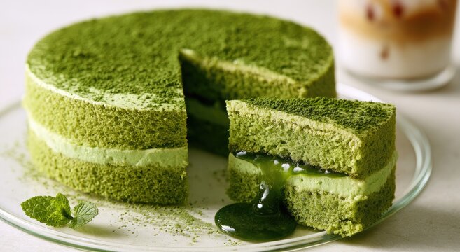 Decadent matcha cake with creamy filling and fresh mint garnish