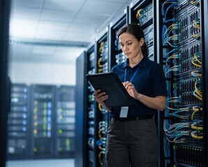 Fototapeta premium Data center engineer inspects enterprise server racks with digital tablet, supporting infrastructure monitoring, server maintenance, network management, cloud computing and reliable IT operations with