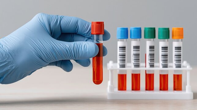 Hand in blue latex glove holding blood collection tube with red sample, barcode specimen vials in background, medical lab blood test close‑up asset