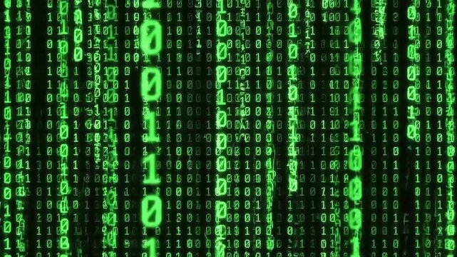Digital green binary code rain falling on black background motion graphics loop for cyber security