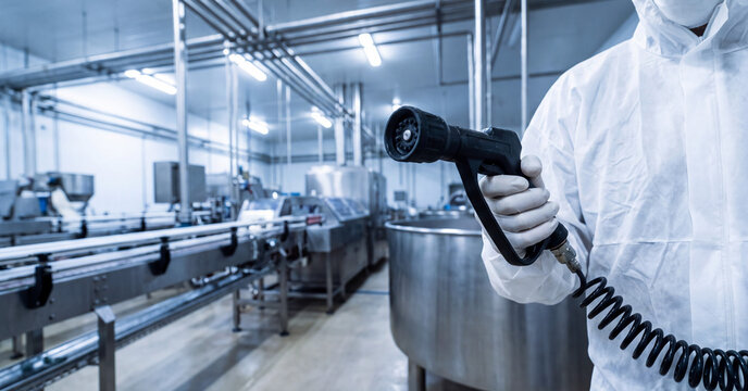 Worker cleaning industrial food production line using high pressure water sprayer in sterile manufacturing facility with modern stainless steel equipment