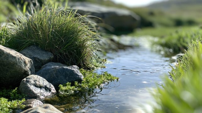 A small, clear stream flows gently through mossy rocks and lush green grasses