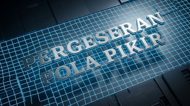 3D Render of Mindset Shift Concept with Indonesian Text Pergeseran Pola Pikir on Blue Digital Grid