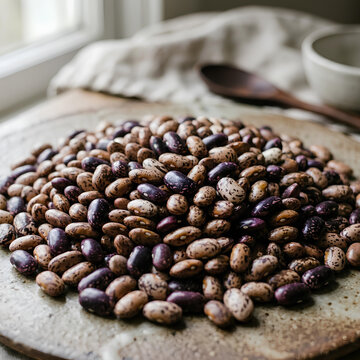 Speckled pinto beans on a rustic stone plate.