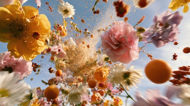 Upward explosion of vibrant flowers and citrus spheres against a bright sky