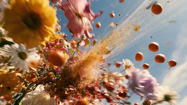 Explosive burst of colorful flowers and seeds against a bright sky