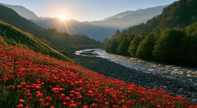 Sunrise over a vibrant poppy field and a flowing mountain river