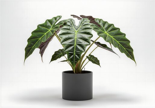 Large dark green Alocasia regal shield plant in black pot isolated on light gray background