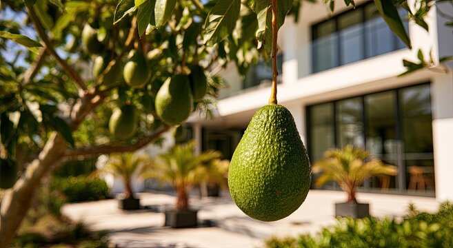 Green avocado on a tree branch, modern house background