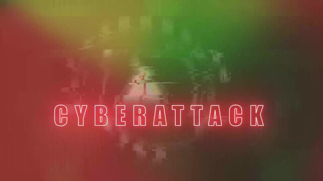 Red exclamation warning sign with text cyber attack on green digital binary code background with white grid pattern