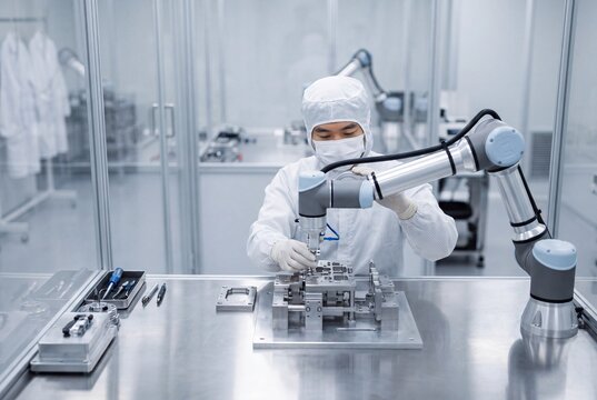 Engineer Working with AI Robotic Arm in Cleanroom Facility