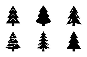 Obraz premium Six Black Christmas Tree Icons, Vector Set, Winter Holiday Symbols, Evergreen Forest Elements