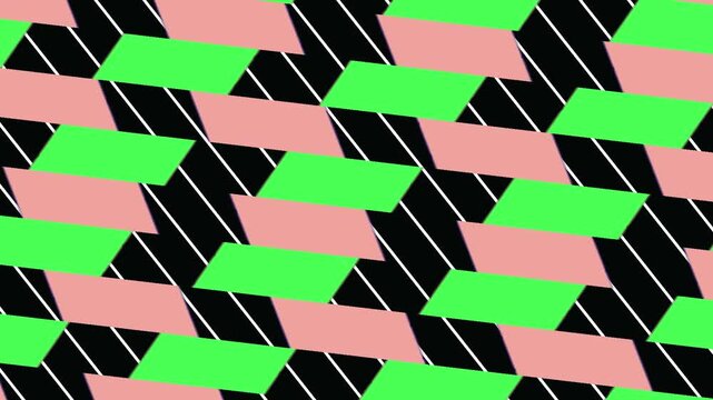 Abstract moving background with green and pink shifting parallelogram tiles