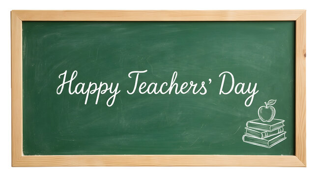 Happy Teachers Day cursive text on chalkboard with apple