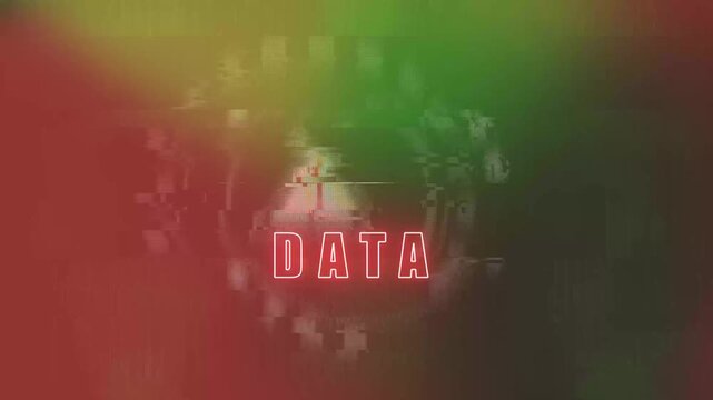 Red exclamation warning sign with text data on green digital binary code background with white grid pattern