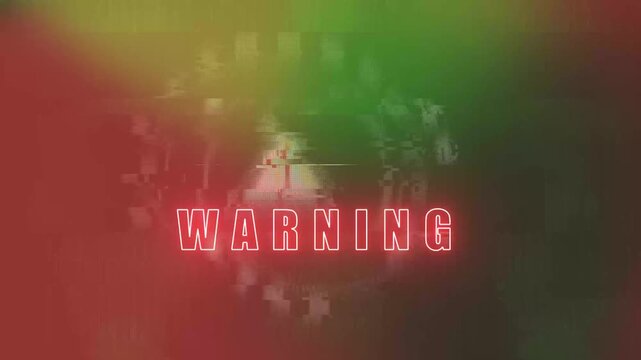 Red exclamation warning sign with text warning on green digital binary code background with white grid pattern