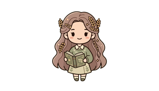 Cute chibi girl reading book with wheat in hair