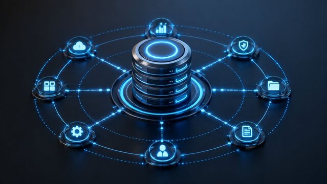 Futuristic database server center with digital network icons and glowing blue cloud data connection