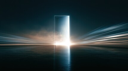 Fototapeta premium Bright portal framed by light streaks and smoke in a dark, reflective space