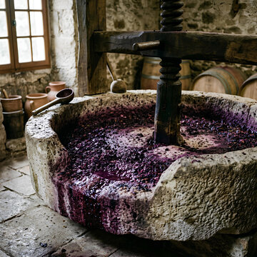 Traditional stone wine press with crushed purple grapes.
