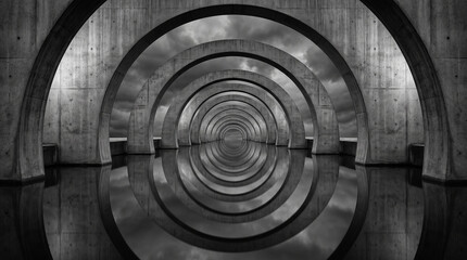 Naklejka premium Monochrome abstract architecture of modern concrete concentric circles tunnel structure with dramatic lighting