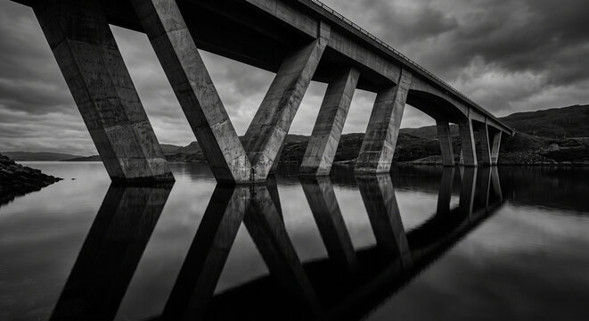 Symmetrical monochrome architecture of modern brutalist concrete X-frame bridge structure with water reflection and dramatic sky