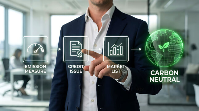 Businessman touch carbon neutral emission measure credit issue market list icon