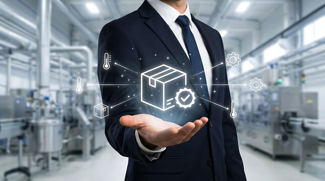 Businessman holding box quality control icon smart supply chain product manufacturing