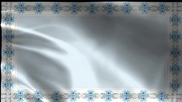 Elegant blue ornamental frame on soft wavy silver silk fabric texture background
