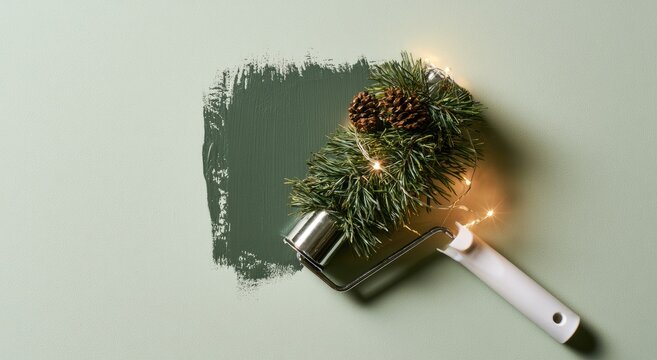 Paint roller with green paint swatch and pine garland with lights