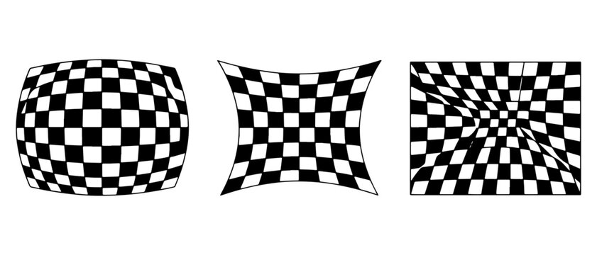 Checkered pattern distortion effects set featuring fisheye and perspective warp styles for designs.