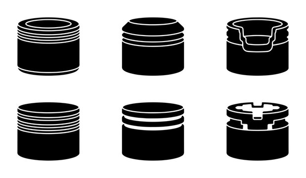 Six Black Vector Icons of Bottle Caps, Container Lids, and Closures for Packaging Design
