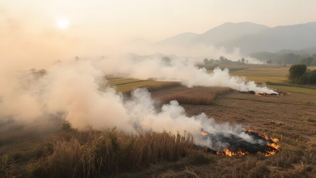 Agricultural Burning Smoke Creating a Hazy Rural Atmosphere