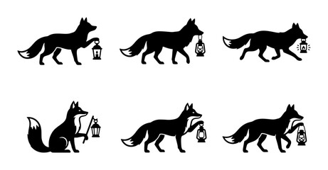 Obraz premium Six Silhouette Fox Vector Icons, Woodland Creature Lantern Graphics, Animal Illustration Set