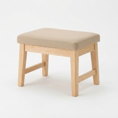 Fototapeta premium Wooden footstool with beige cushion in neutral setting