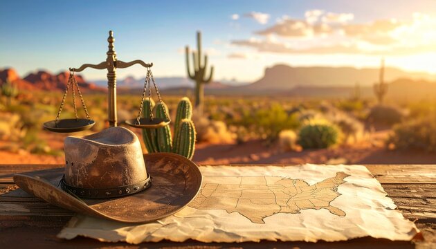 Concept of justice and law in the American West with scales, cowboy hat, and vintage map in a desert landscape